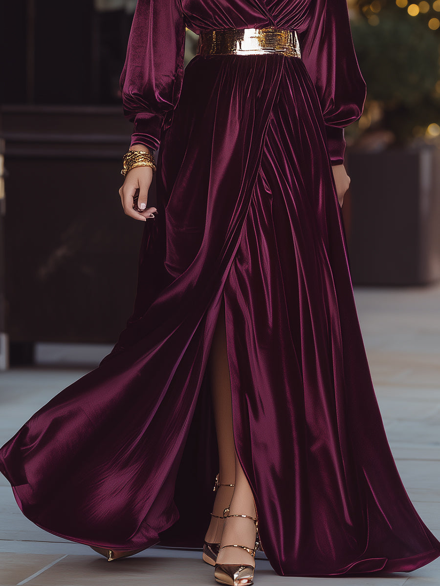 Velvet Burgundy Wrap Dress With Gold Belt