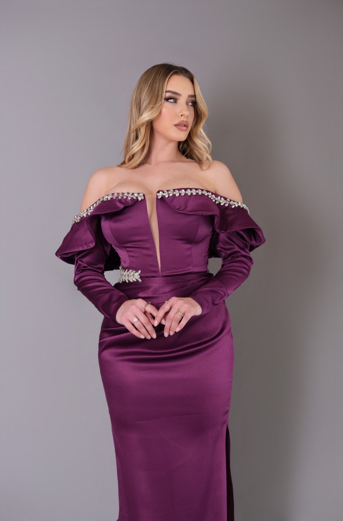 Simple Long Sleeves Off-Shoulder Ruched Evening Dress