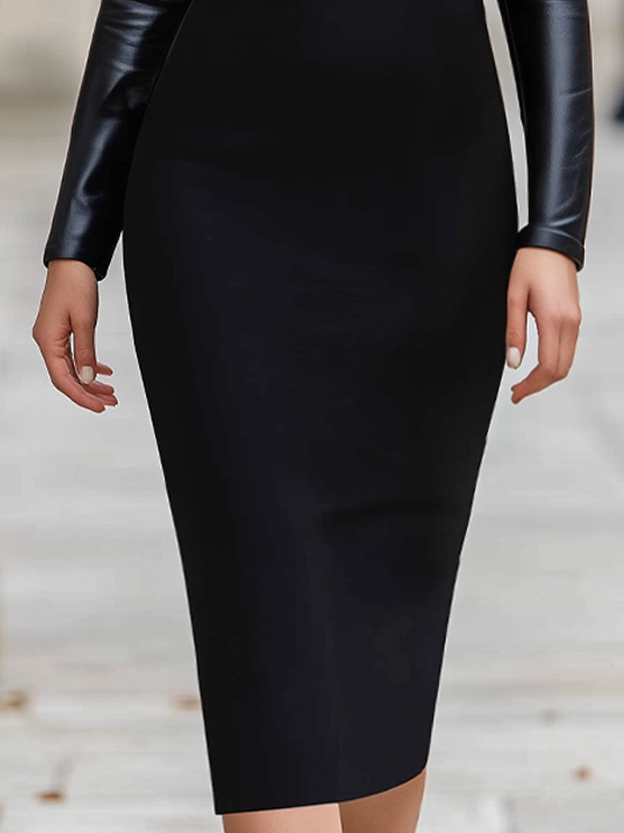 Elegant Bodycon Midi Dress With Faux Leather Sleeves