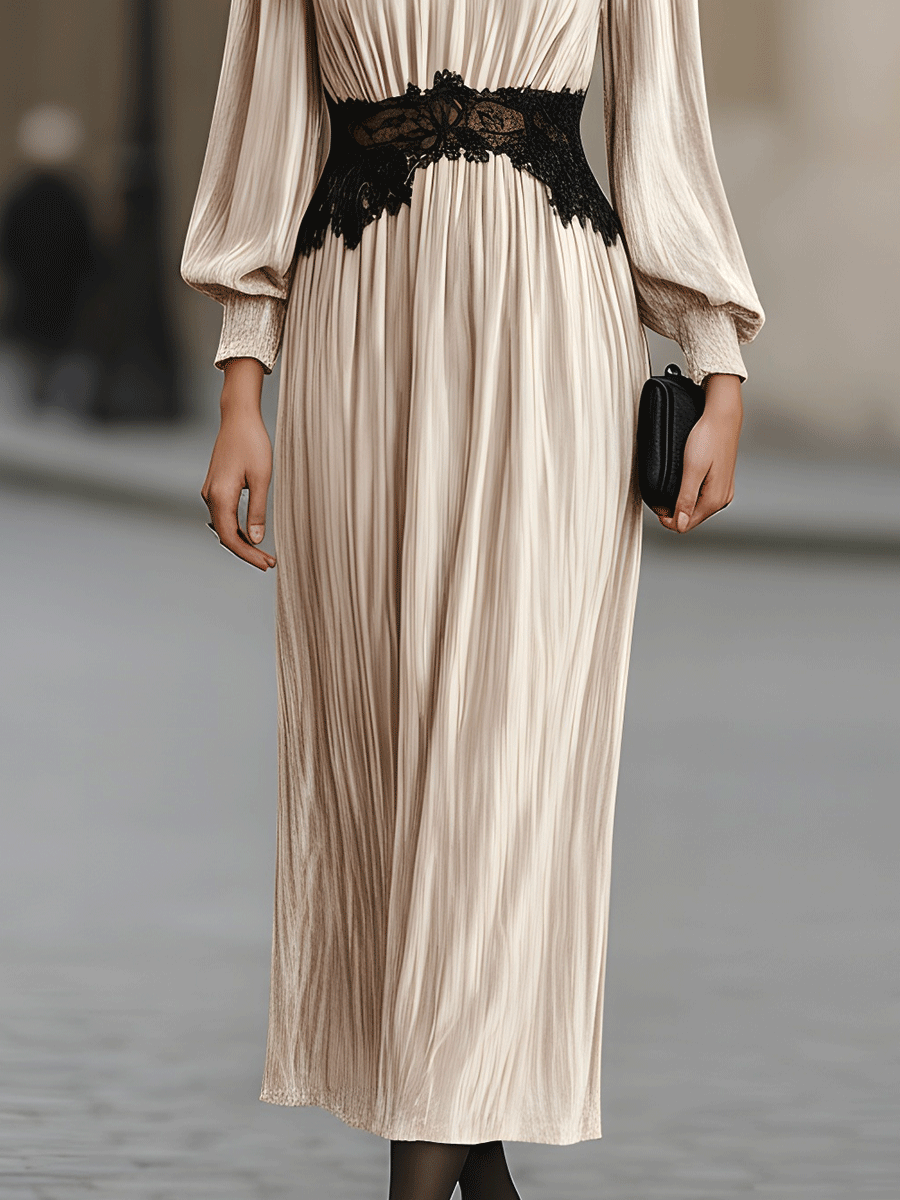 Pleated Velvet Dress With Black Lace Detail