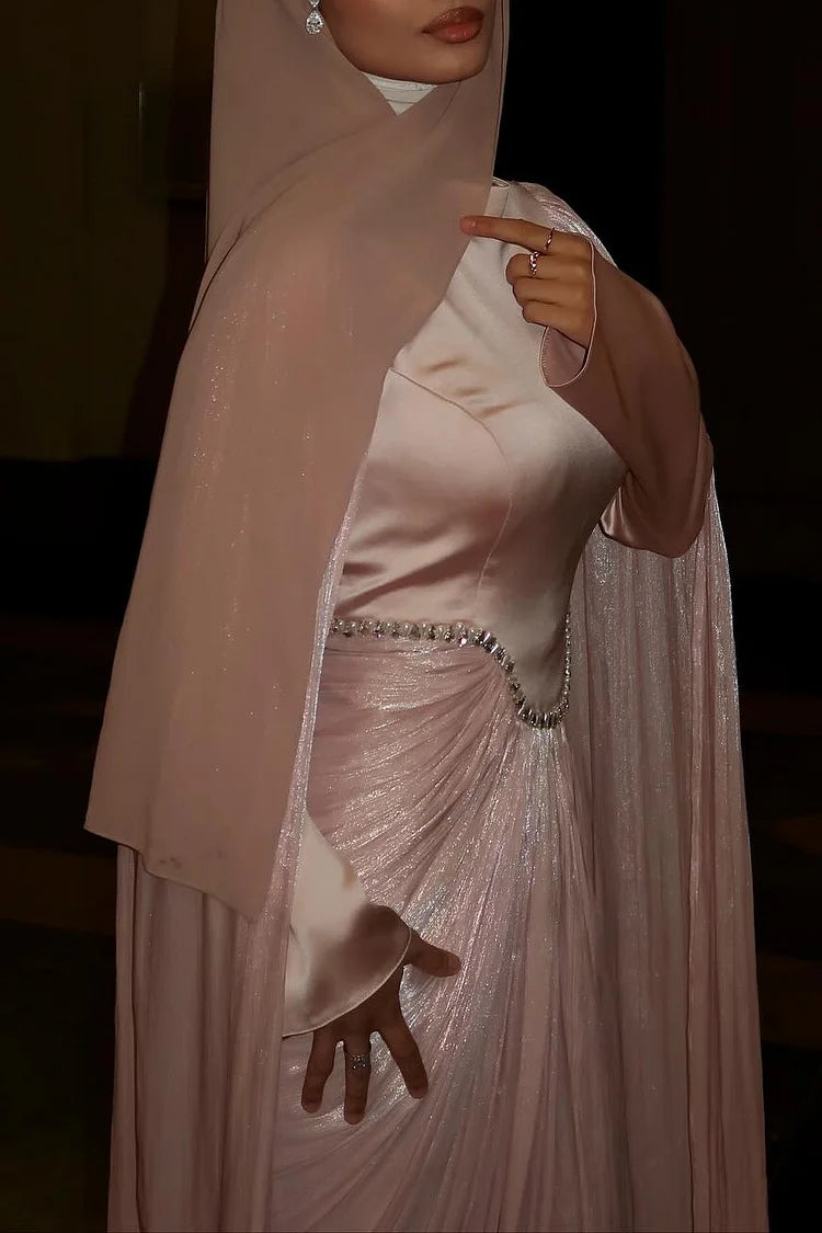 Rhinestone Cape Sleeve Ruched High Neck Party Maxi Dress