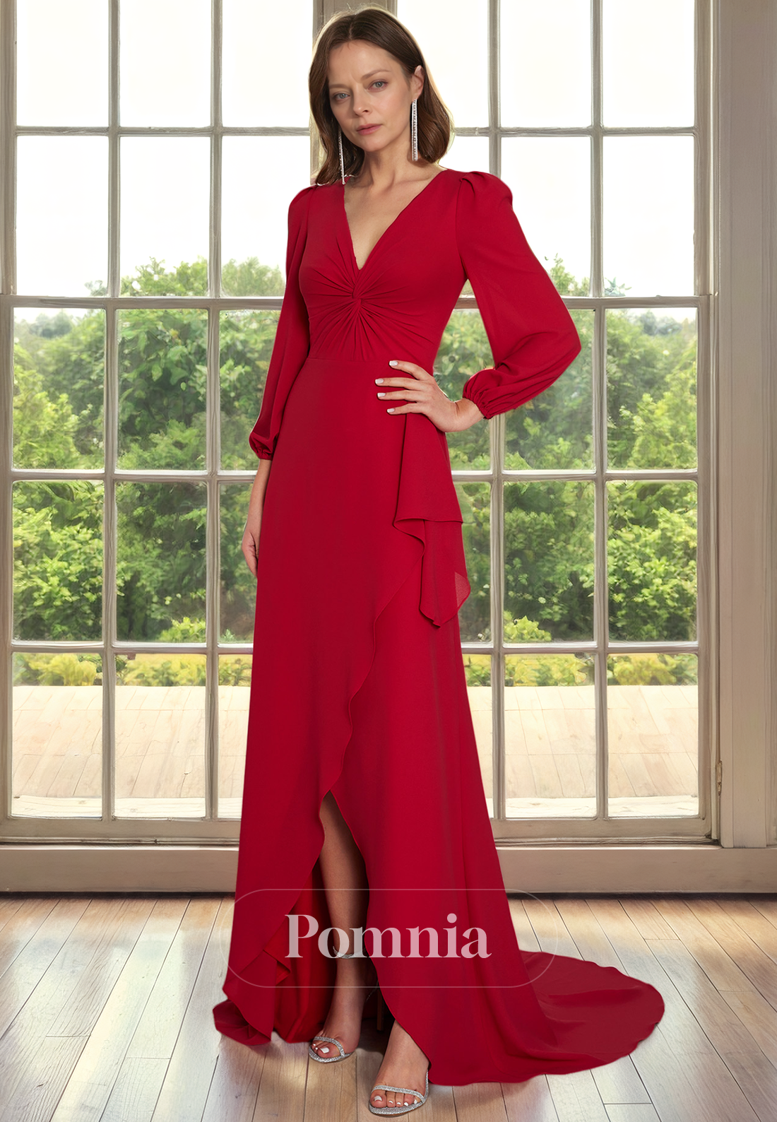 A-Line V-Neck Long Sleeves Empire-Waist Long Mother of Bride Dress