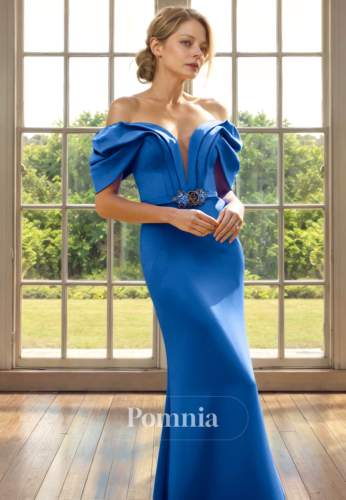 Off-Shoulder Mermaid/Trumpet V-Neck Beaded Satin Long Mother of Bride Dress