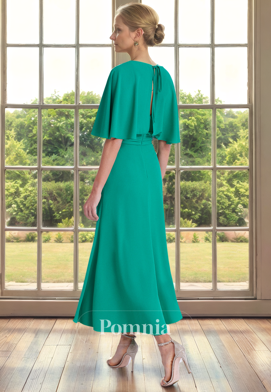 A-Line V-Neck Sleeves Empire-Waist Pleated Satin Mother of Bride Dress