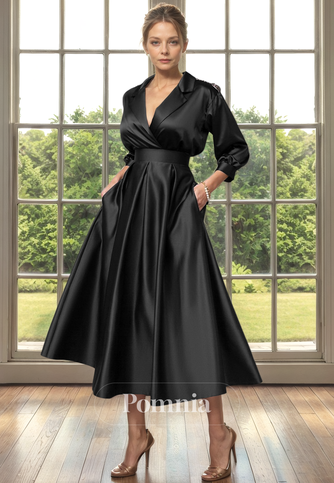 A-Line V-Neck Long Sleeves Satin Pleated Empire-Waist Mother of Bride Dress