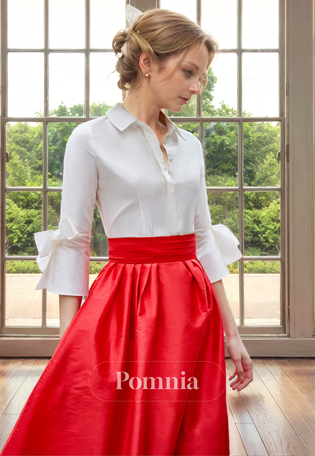 A-Line Empire-Waist Long Sleeves with Pockets Satin Mother of Bride Dress