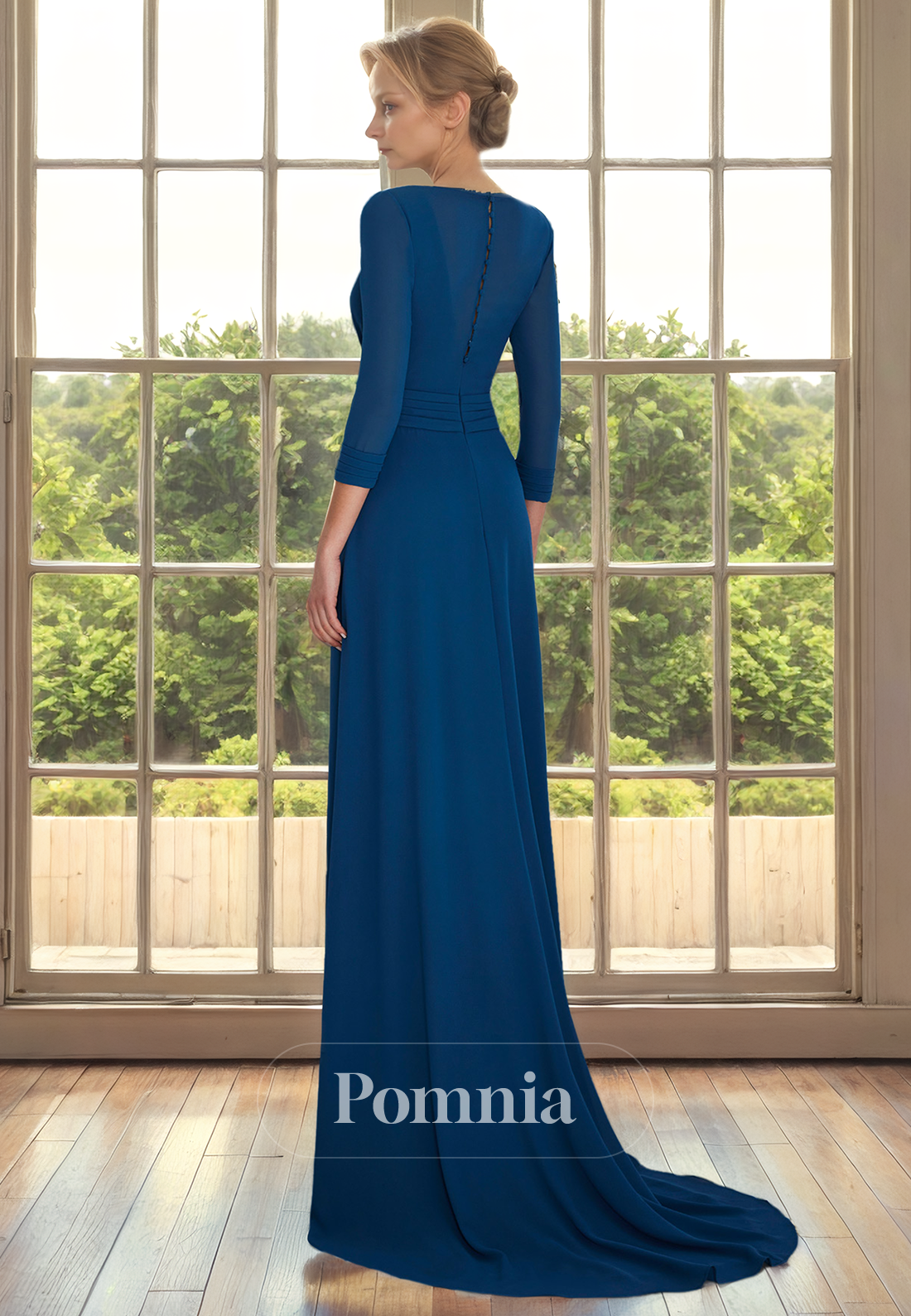 Mermaid V-Neck Long Sleeves Pleated Empire-Waist Long Mother of Bride Dress