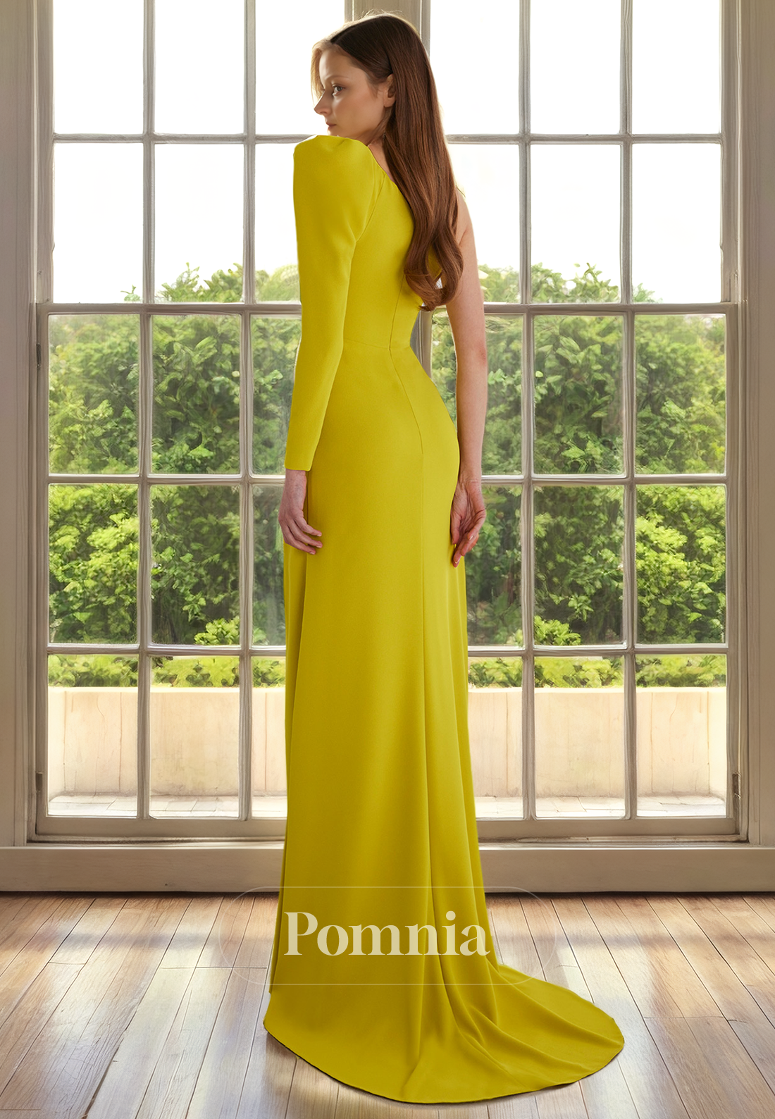 Slopping Shoulder Long Sleeves Pleated High Slit Long Mother of Bride Dress