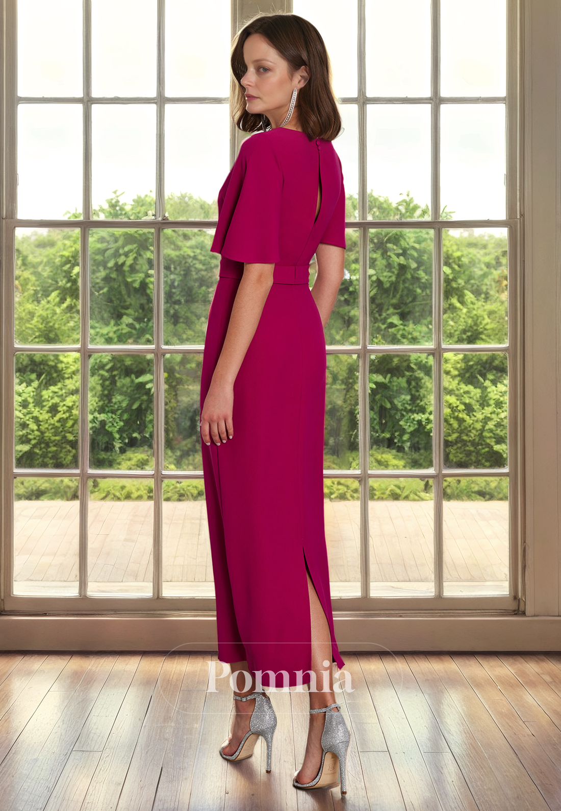 Sheath/Column Scoop Half Sleeves Appliques Satin Mother of Bride Dress