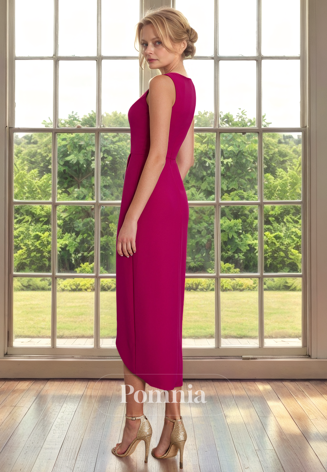 Sheath/Column V-Neck Sleeveless Empire-Waist Pleated Mother of Bride Dress