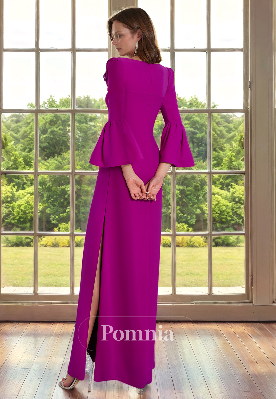 Sheath/Column V-Neck Long Sleeves Empire-Waist Long Mother of Bride Dress