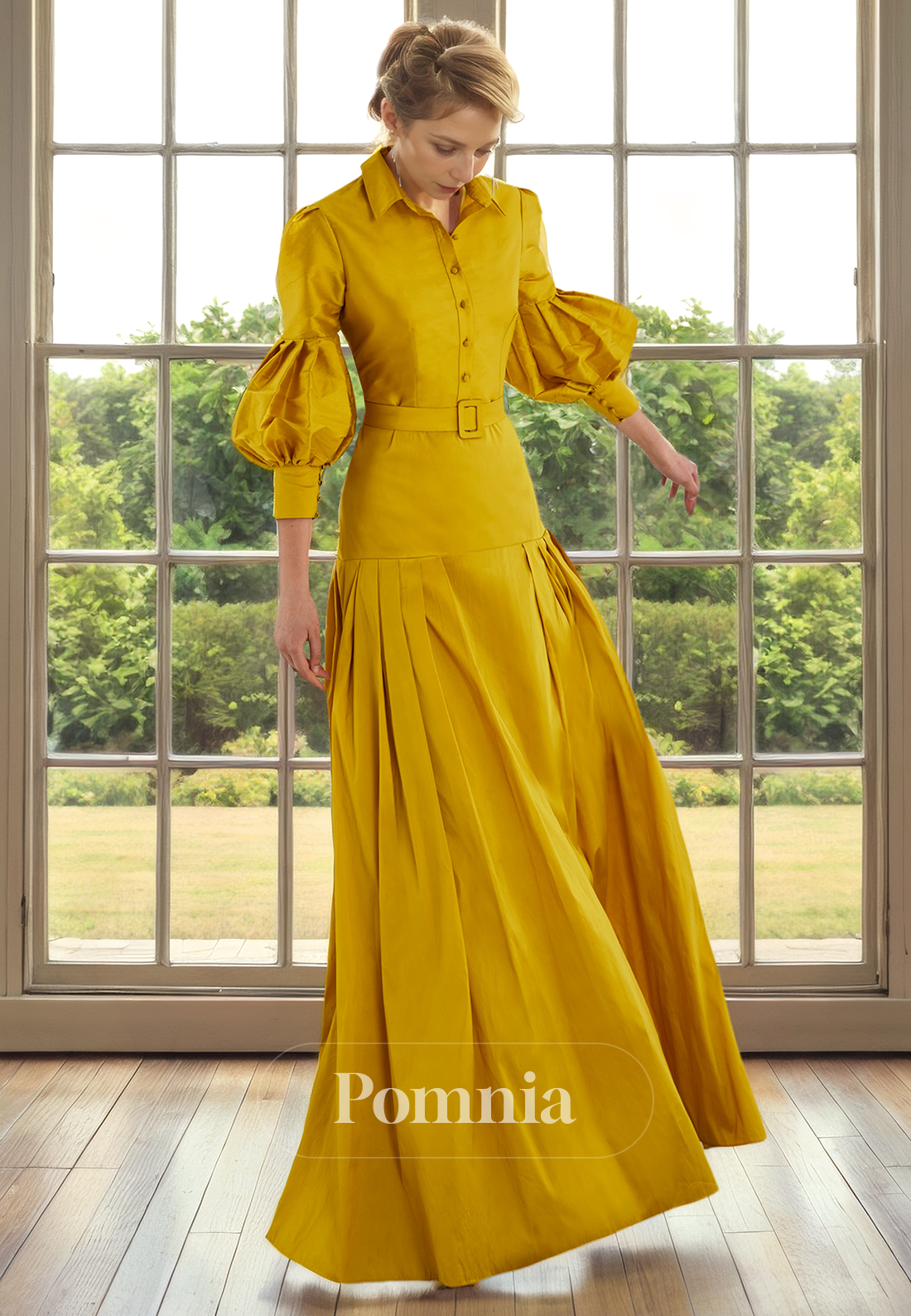 A-Line Empire-Waist Long Sleeves Satin Long Mother of Bride Dress