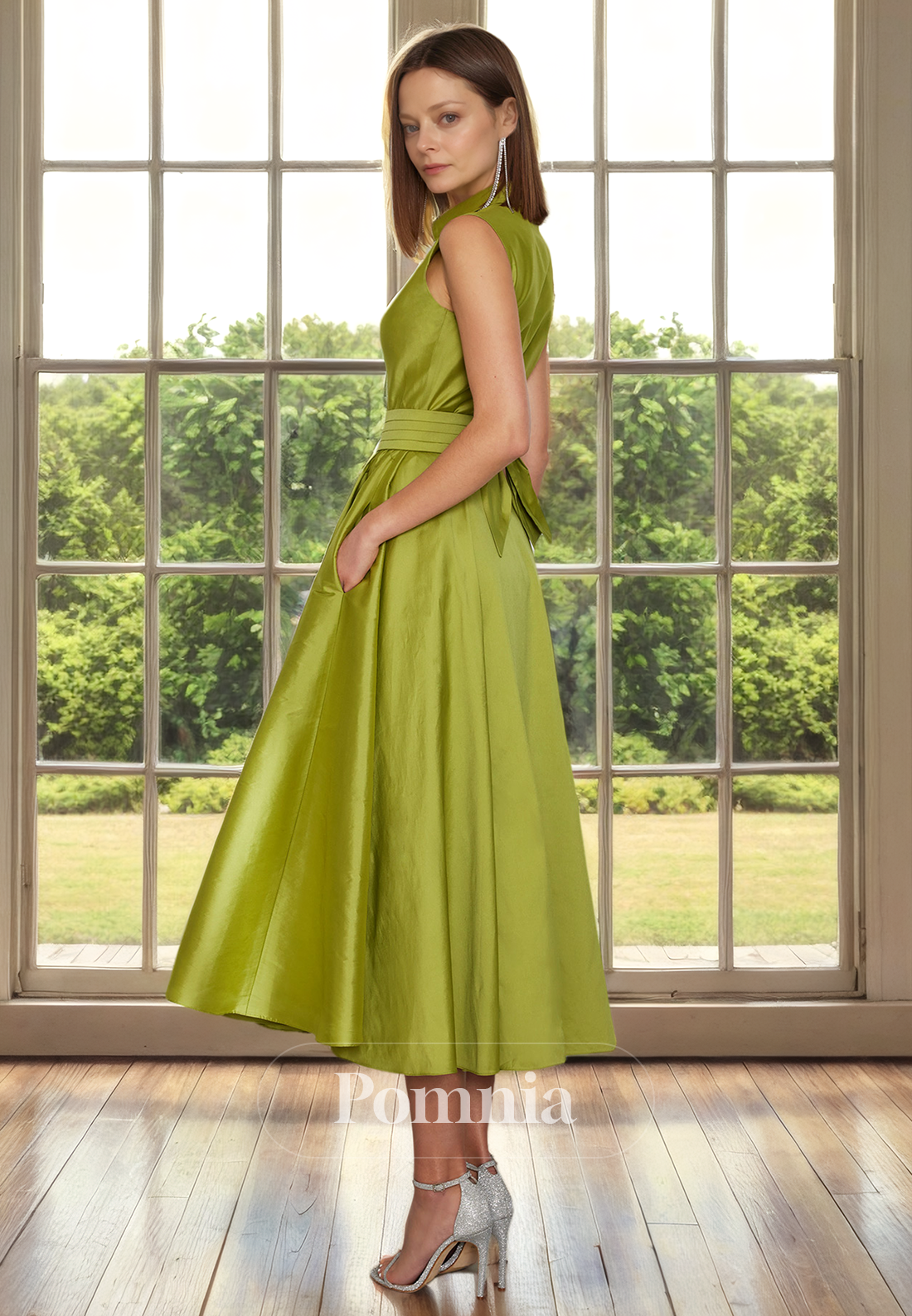 A-Line Empire-Waist Sleeveless Pleated Satin Long Mother of Bride Dress