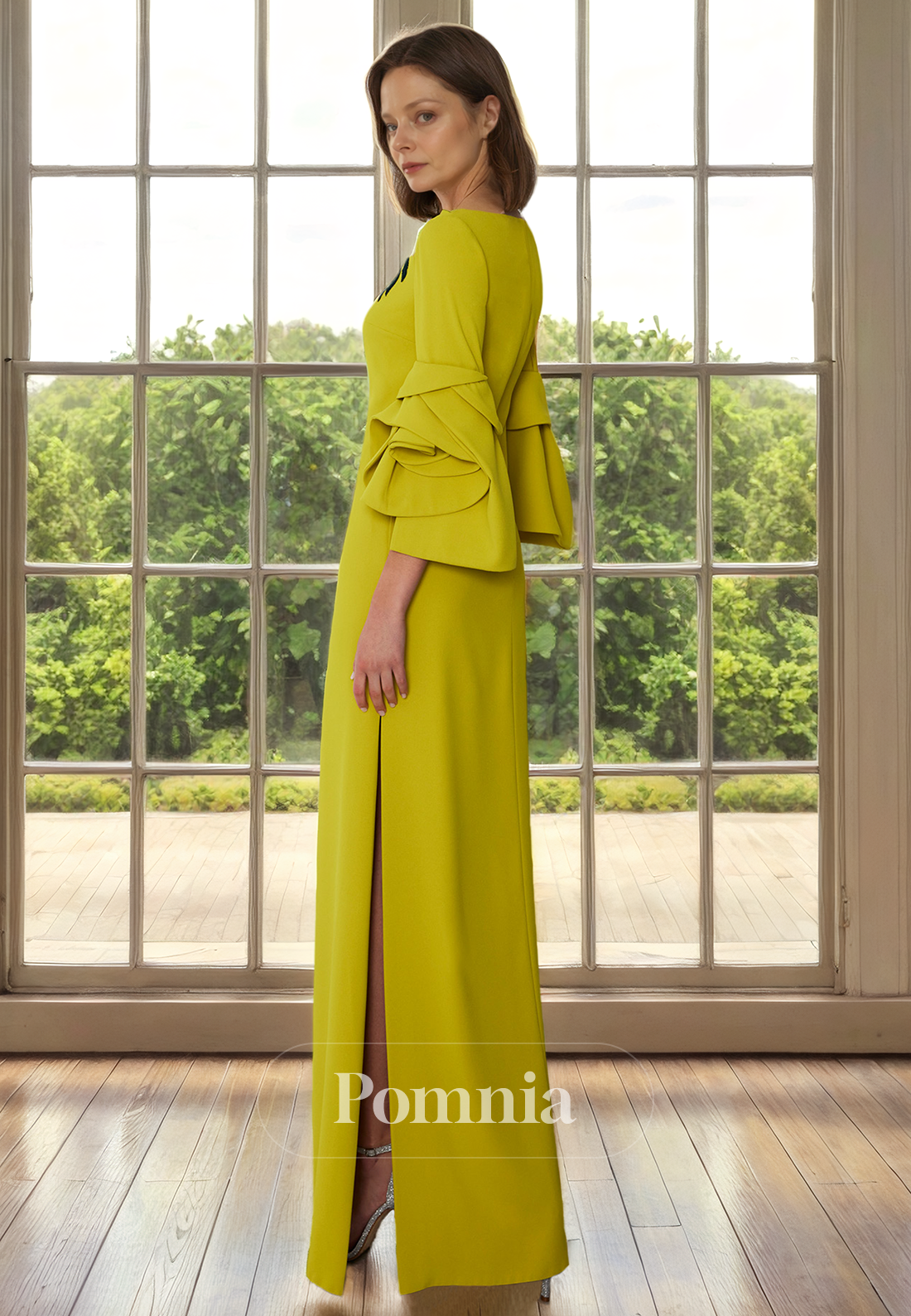 Sheath/Column Scoop Long Sleeves Appliques Satin Long Mother of Bride Dress