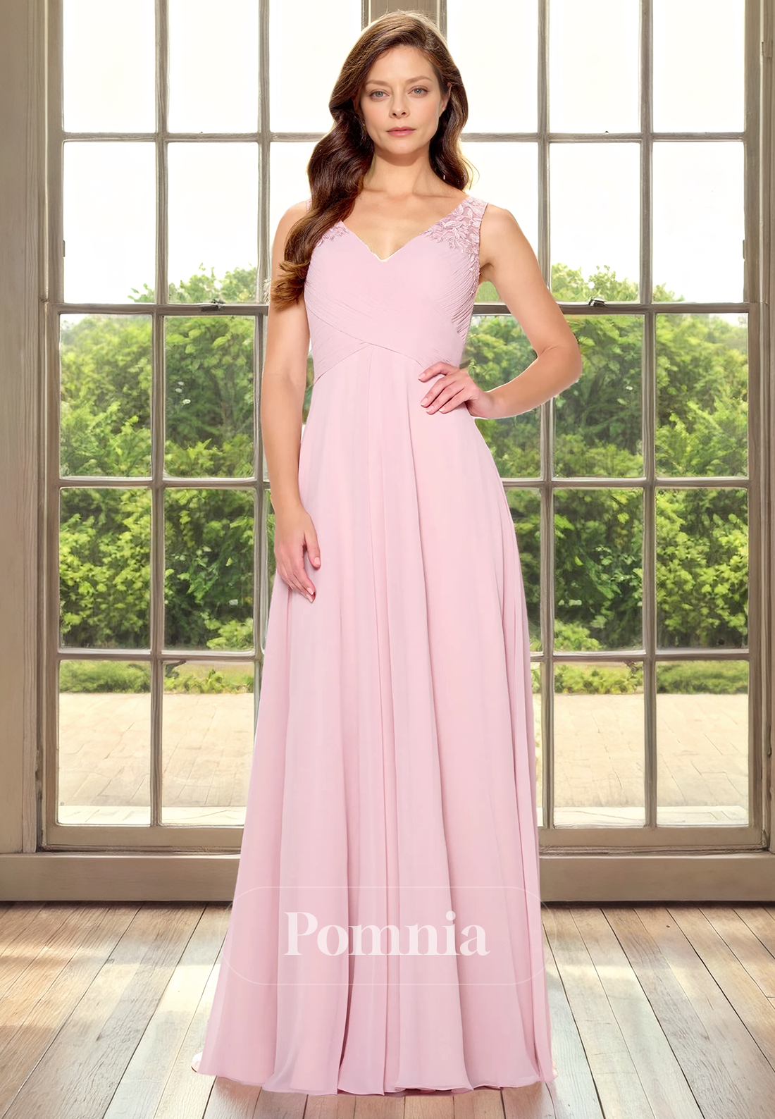A-Line V-Neck Empire-Waist Sleeveless Pleated Long Mother of Bride Dress