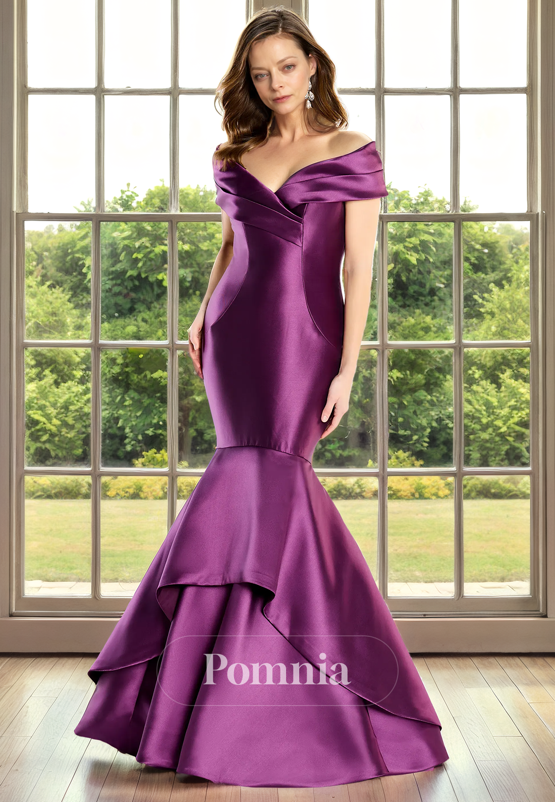 Off-Shoulder V-Neck Cap Sleeves Mermaid/Trumpet Satin Mother of Bride Dress