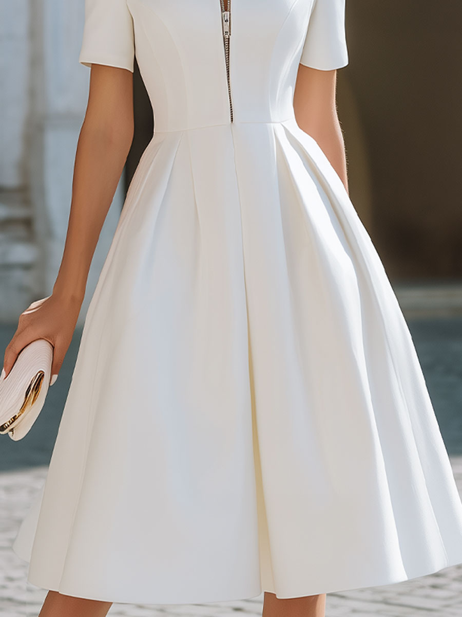 Elegant White Stand-Collar Midi Dress