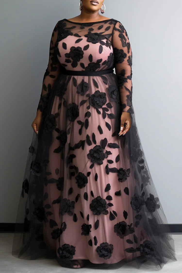 Mother Of The Bride Black Round Neck Long Sleeve Lace Maxi Dress
