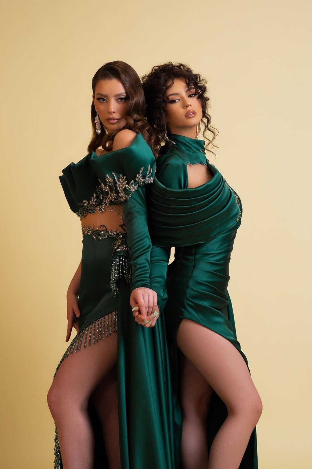 Dark Green Long Sleeves Charmeuse Prom Dress with Tassel