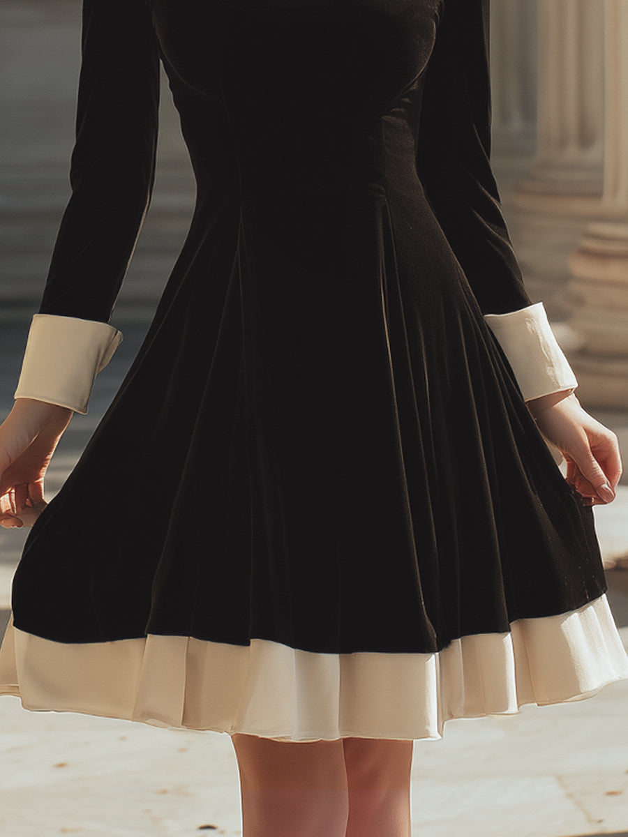 Vintage Contrast-Collar Velvet A-Line Dress