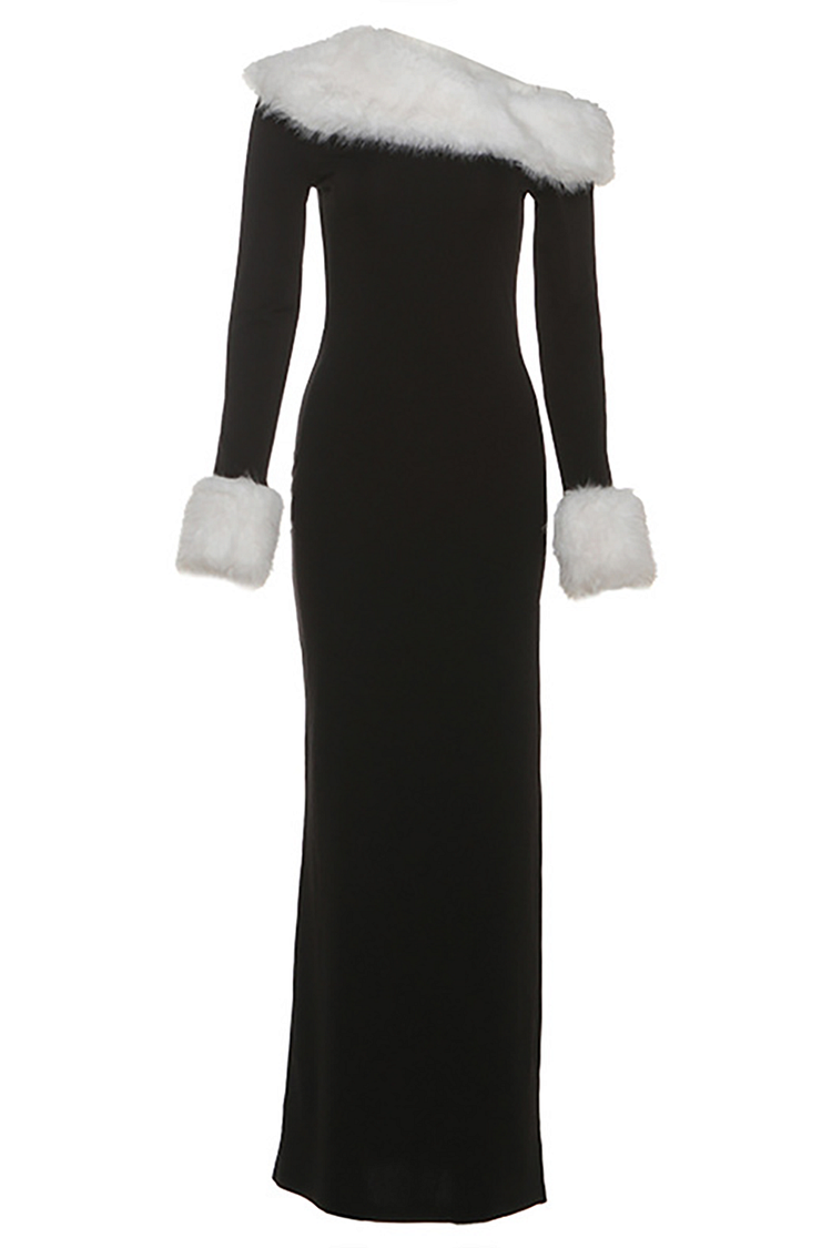 Fuzzy Patchwork Off Shoulder Slim Fit Colorblock Maxi Dress