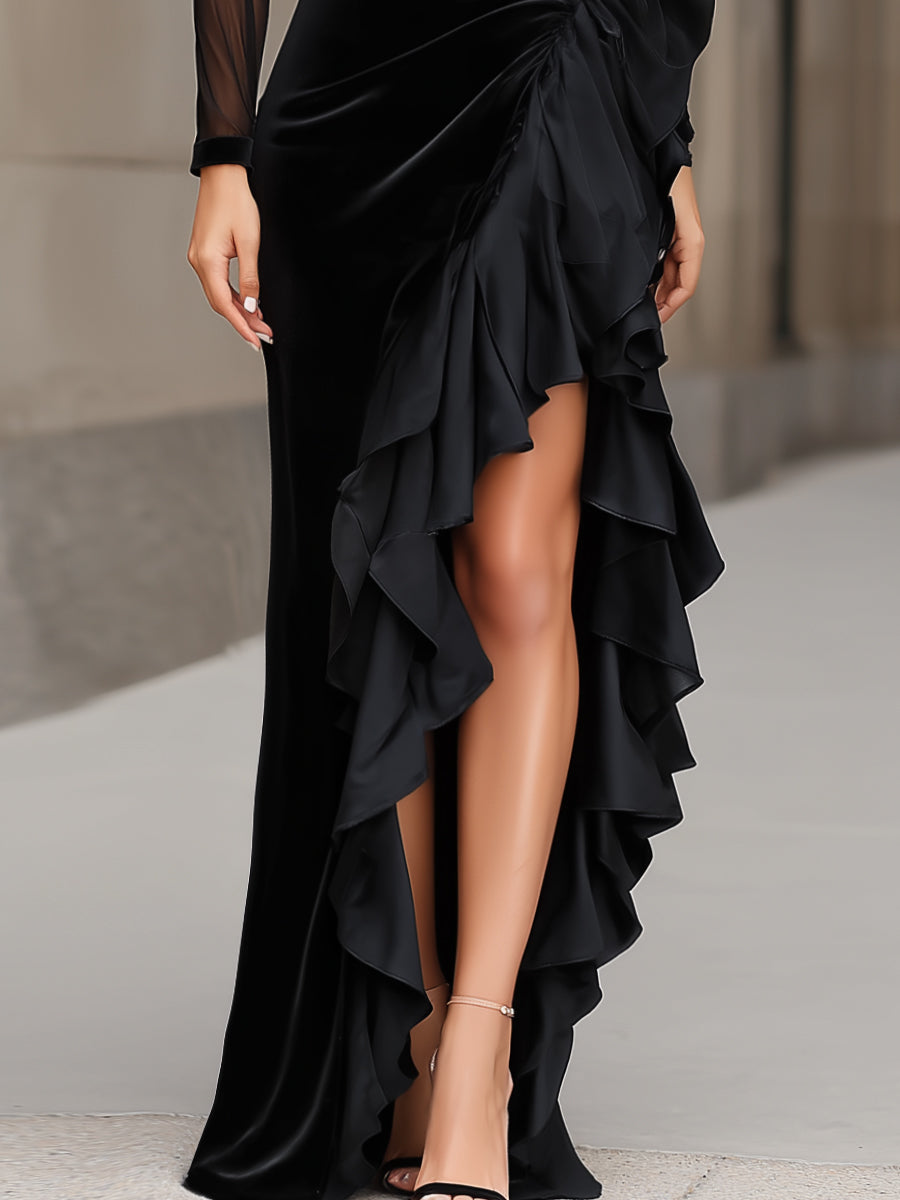 Velvet Evening Gown With Sheer Sleeves And Cascading Ruffle Slit