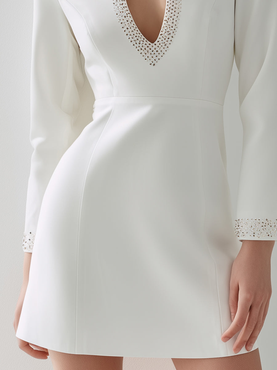 White Crystal-Studded Teardrop Keyhole Mini Dress
