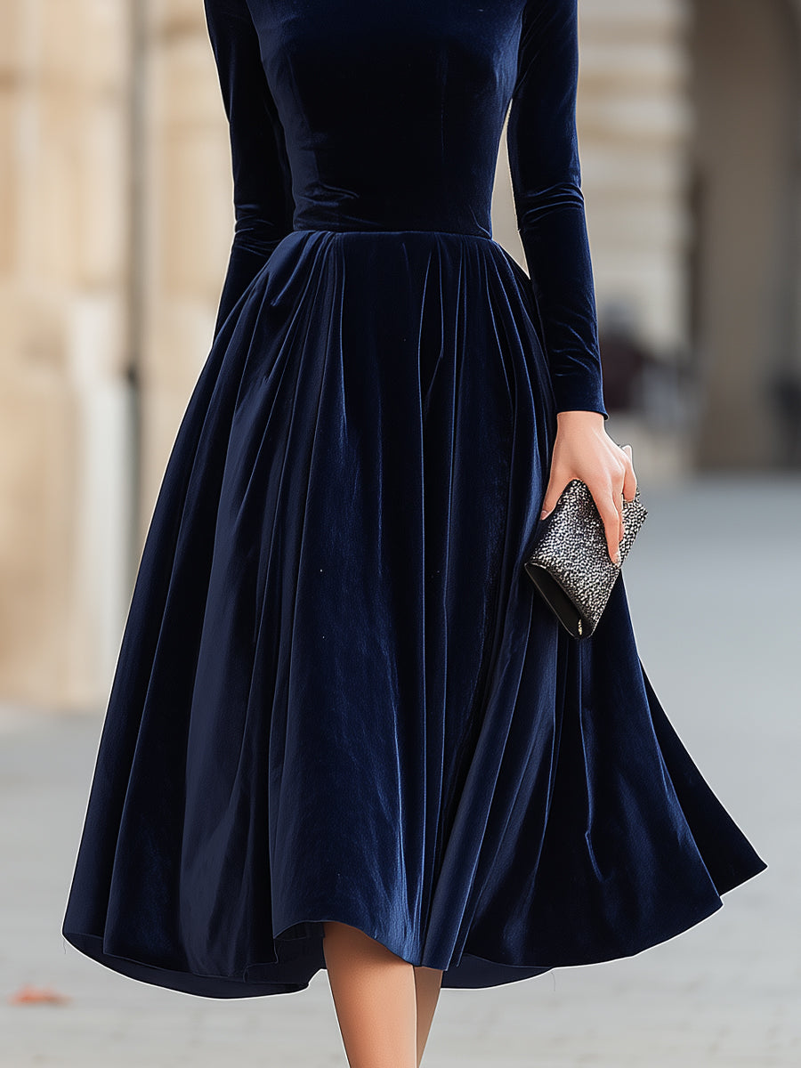 Velvet Midi Dress With Sculpted Off-Shoulder Collar