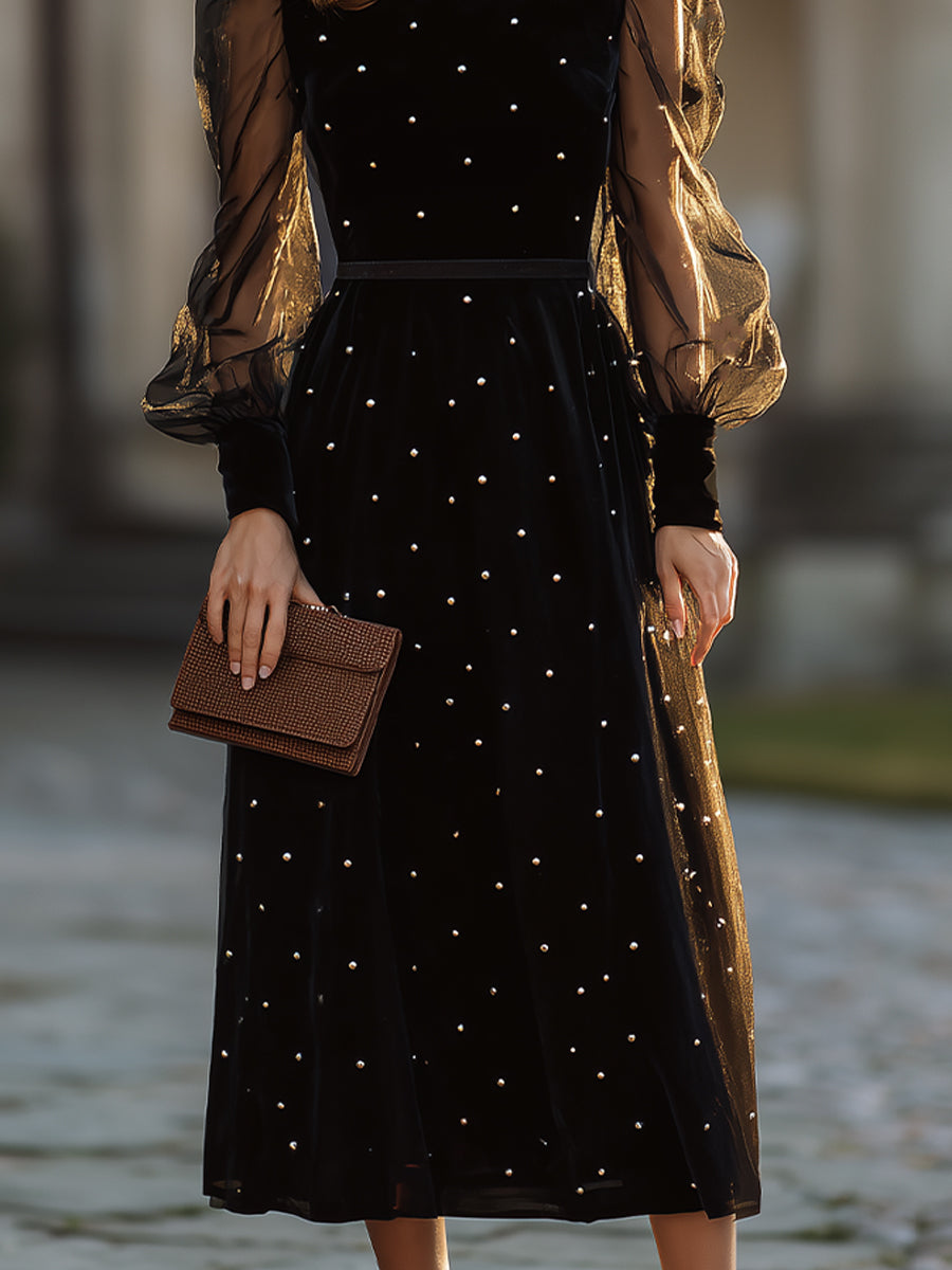 Embellished Sheer-Sleeve A-Line Midi Dress