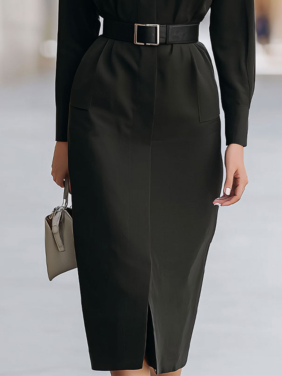 Stand-Collar Utility Belted Midi Dress
