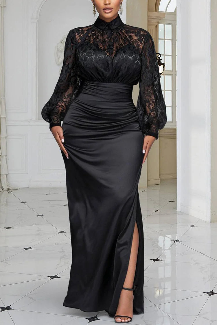 Formal Satin Black Mock Neck Lantern Sleeve Long Sleeve Split Maxi Dress