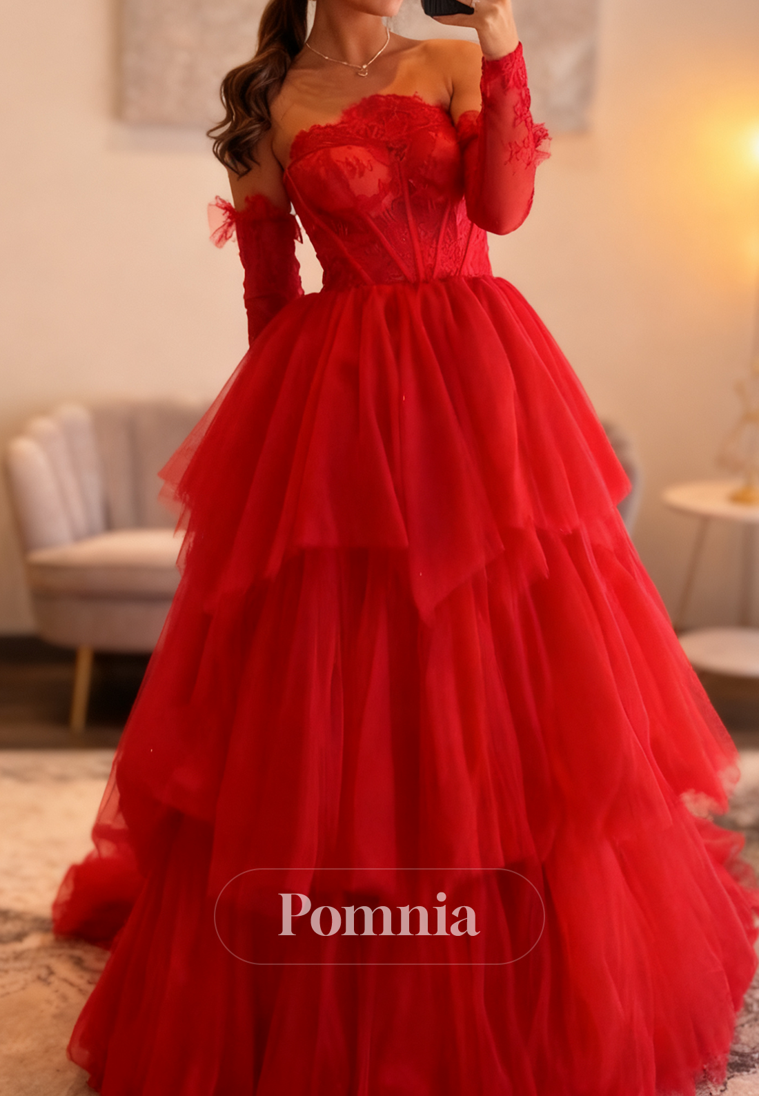 Red Off-Shoulder Long Sleeves Ruffles A-Line Prom Dress