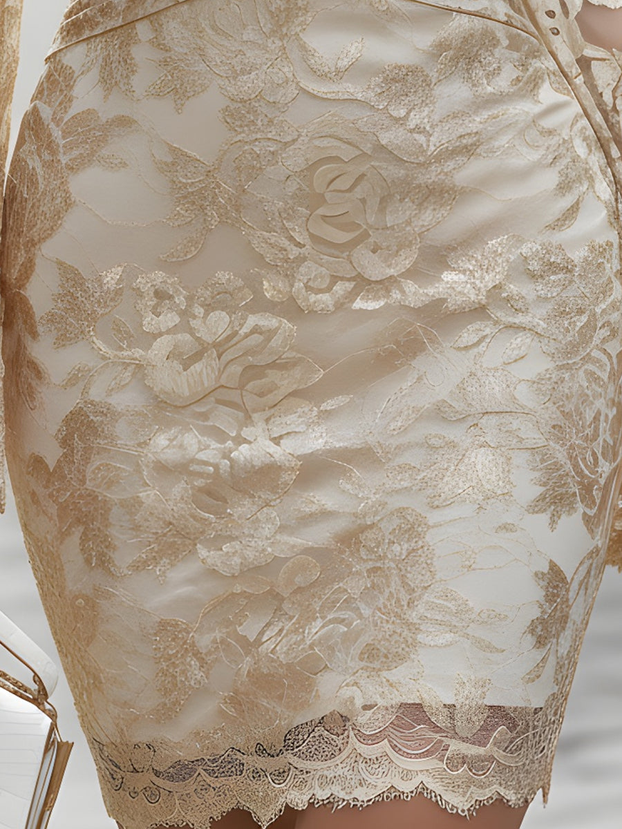 Gold Lace Long-Sleeve Ruched Dress