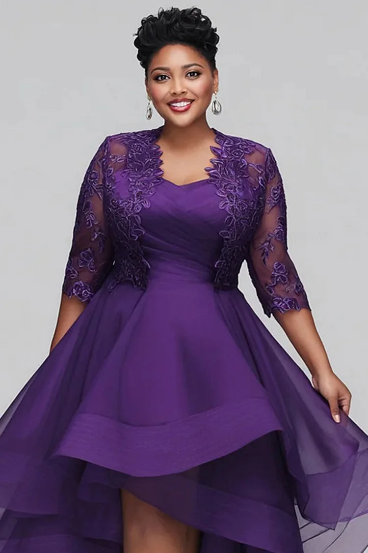 Mother Of The Bride Purple 3/4 Sleeve Asymmetric Hem Dress