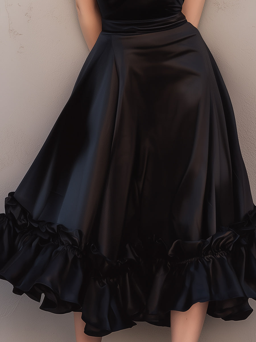 Satin Ruffled Midi Dress With Spaghetti Straps