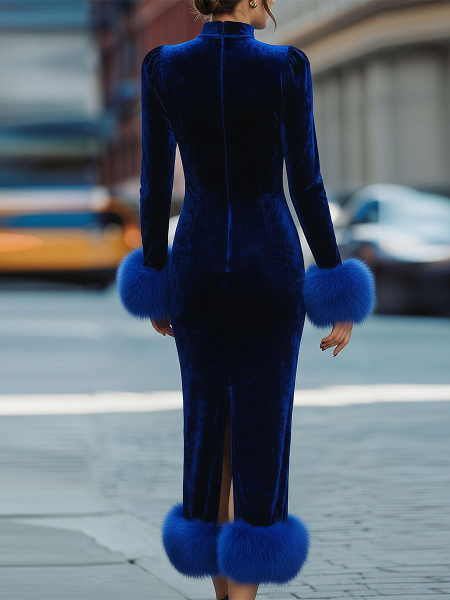 Glamorous Royal Blue Velvet Dress With Feather Trims