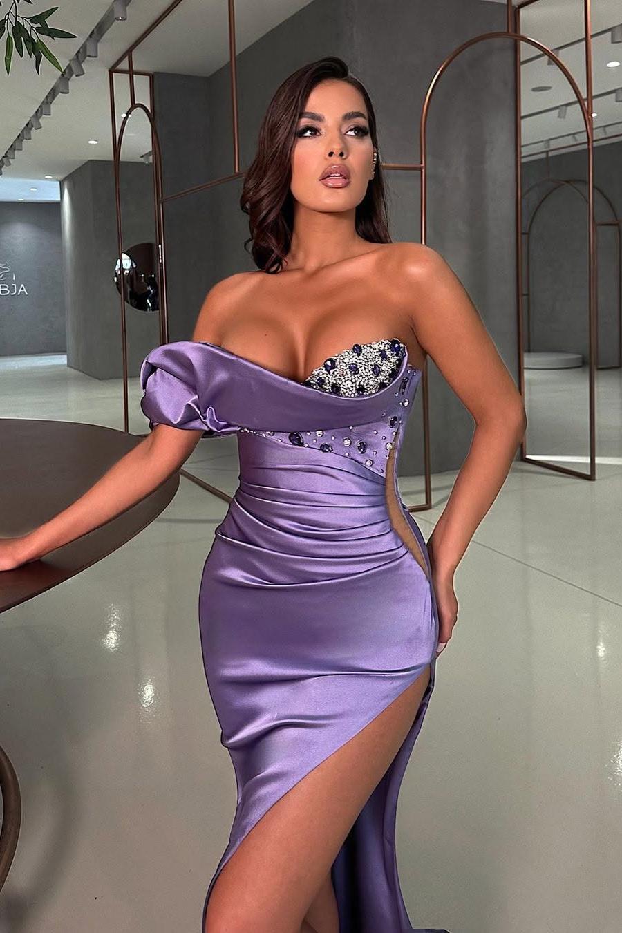 One Shoulder Sleeveless Mermaid Split Long Prom Dress With Beading