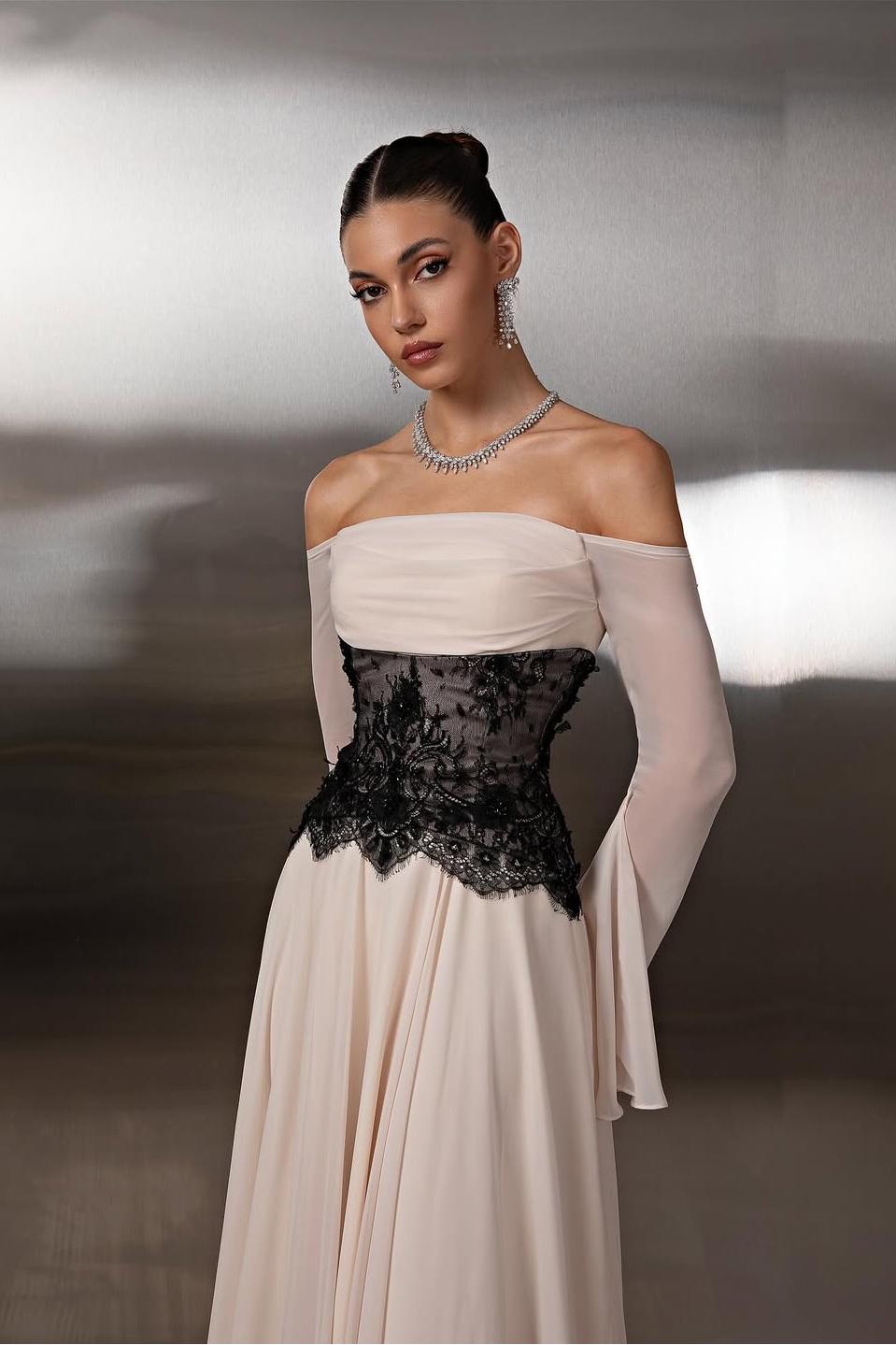 Off the Shoulder Long Sleeves Long Prom Dress With Lace Pleated