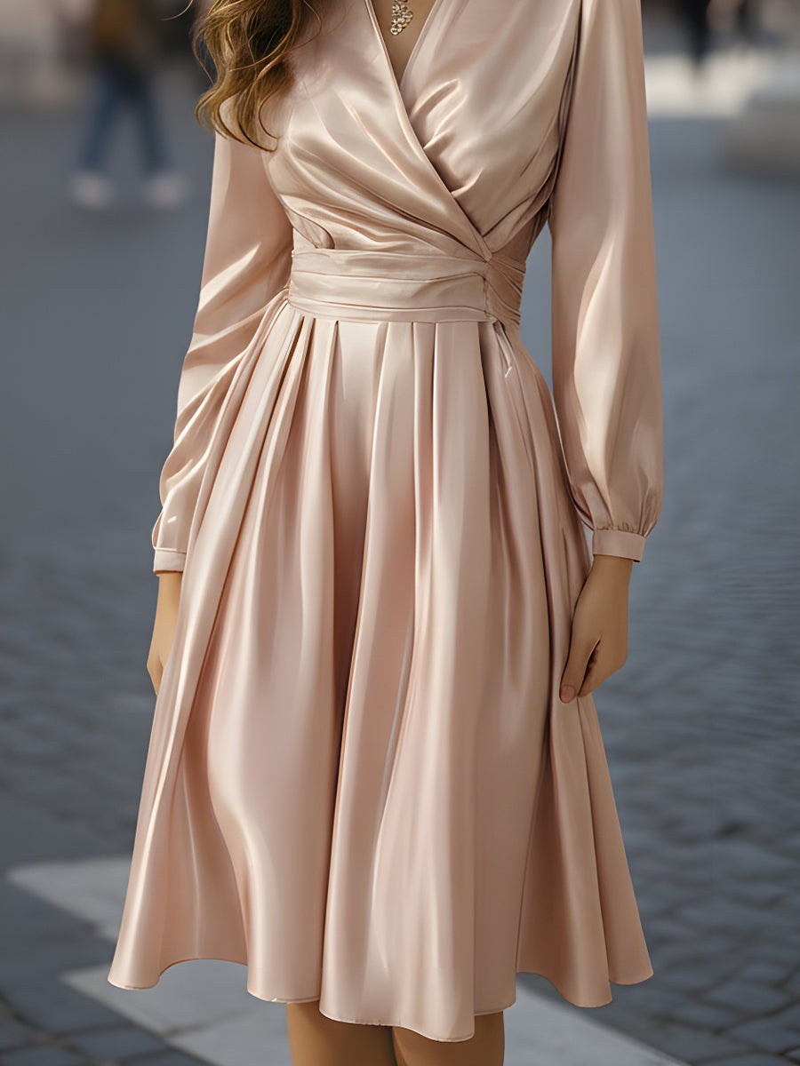 Blush Satin Wrap Dress With Pleated Skirt