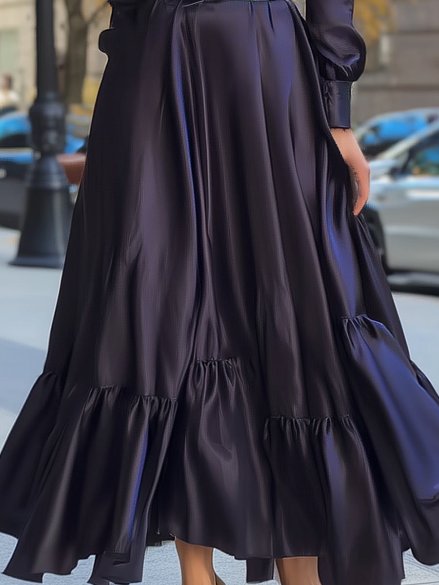 Navy Blue Satin High Neck Long Sleeve Maxi Dress