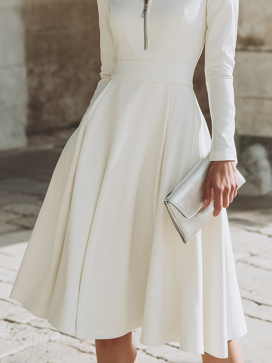 Zip-Front Long Sleeve Fit-and-Flare Midi Dress