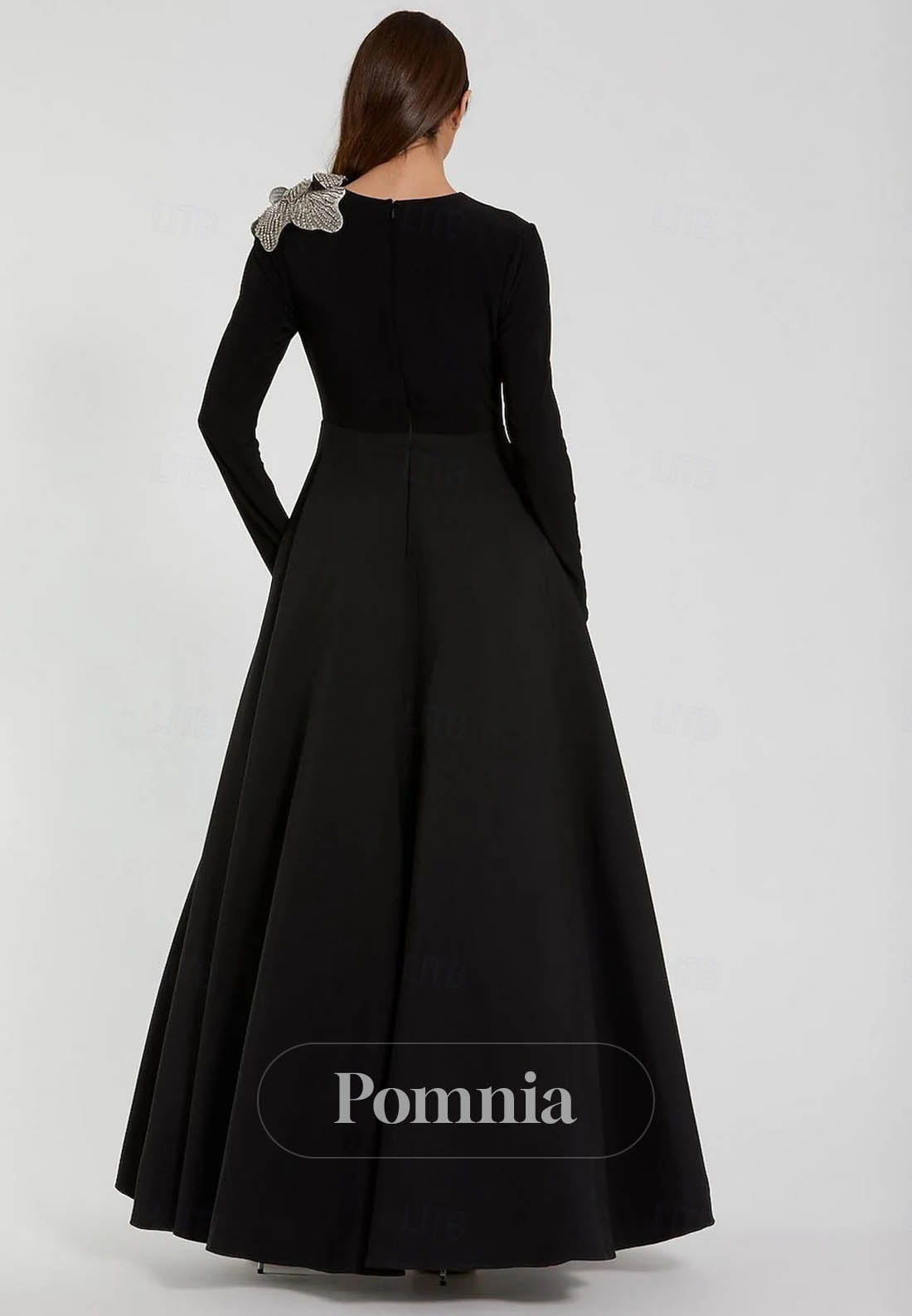 Long Sleeve Crew Neck Formal Wedding Velvet Stretch Crepe with Beading