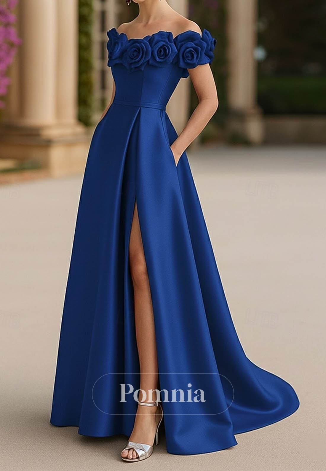 Elegant Sleeveless Off Shoulder Wedding Formal Pocket Satin with Pleats