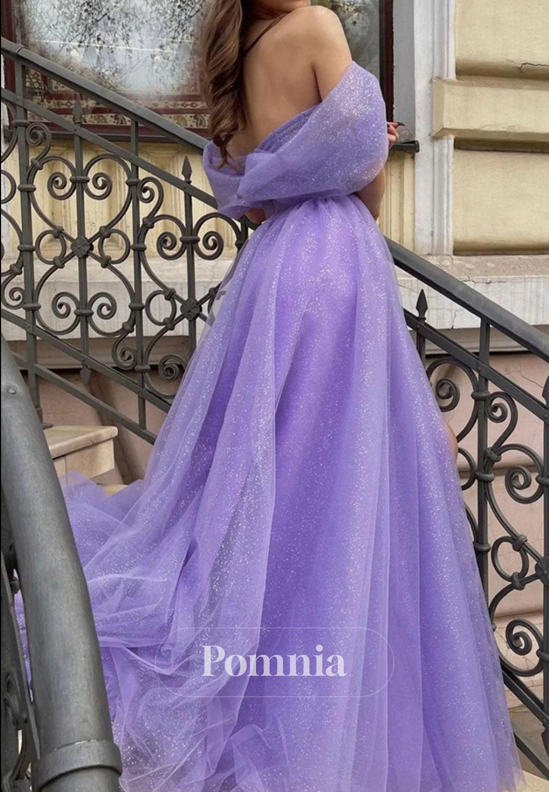 A Line Off the Shoulder Purple Long Prom Dress with Slit