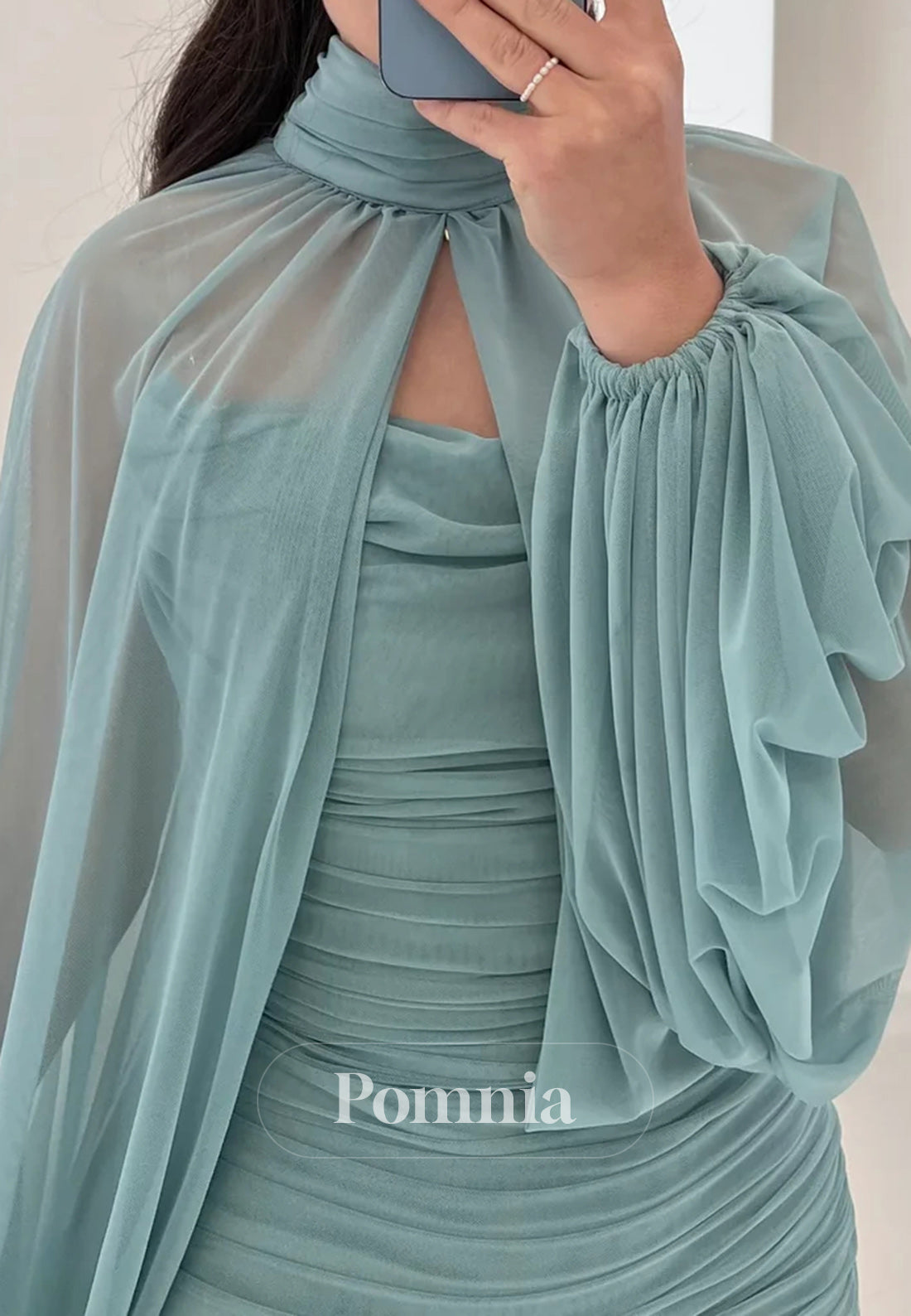 High Neck Long Sleeves Ruched Floor-Length Evening Dress