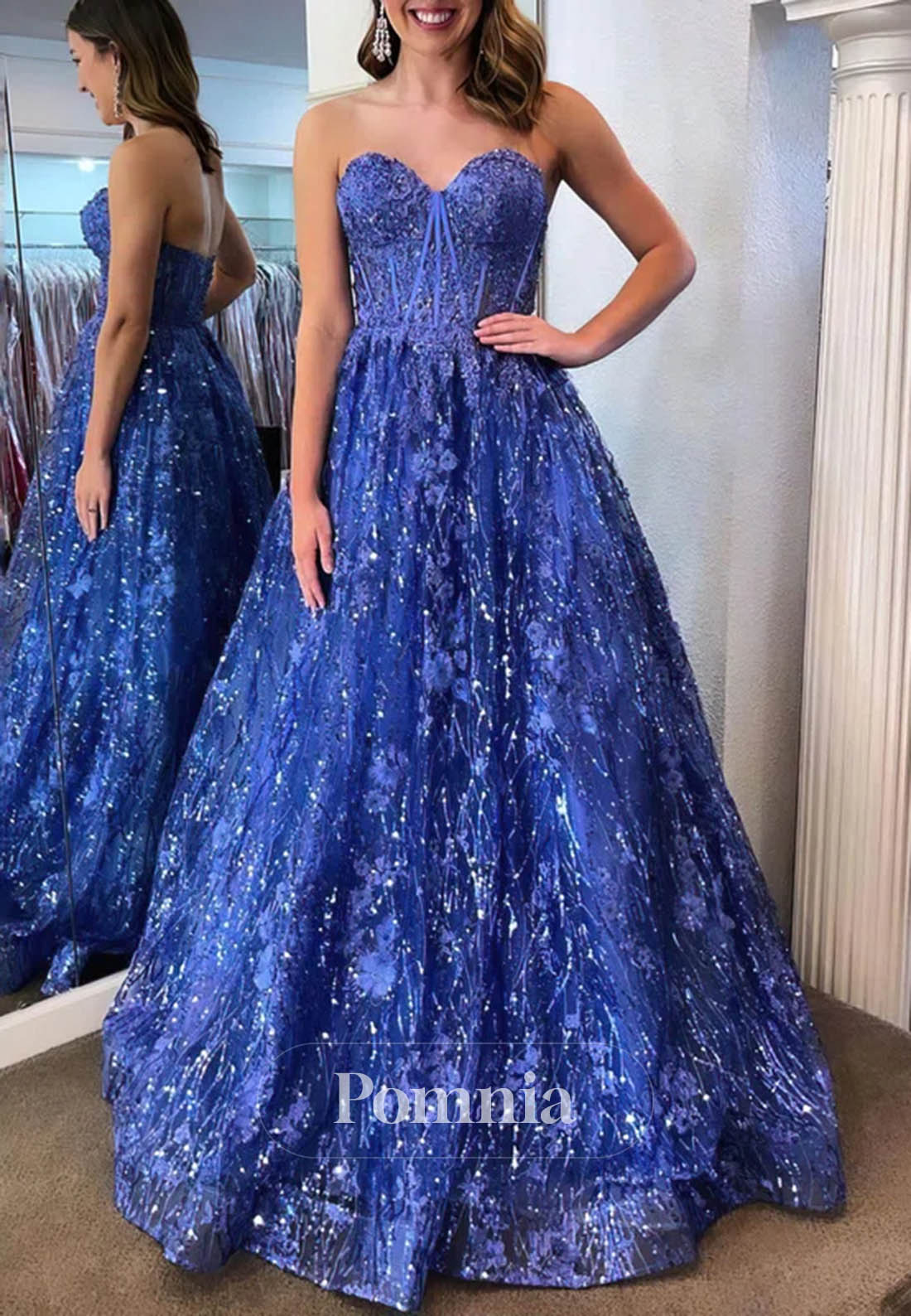 Ball Gown Strapless Sparkly Sequin Prom Dresses With Appliques