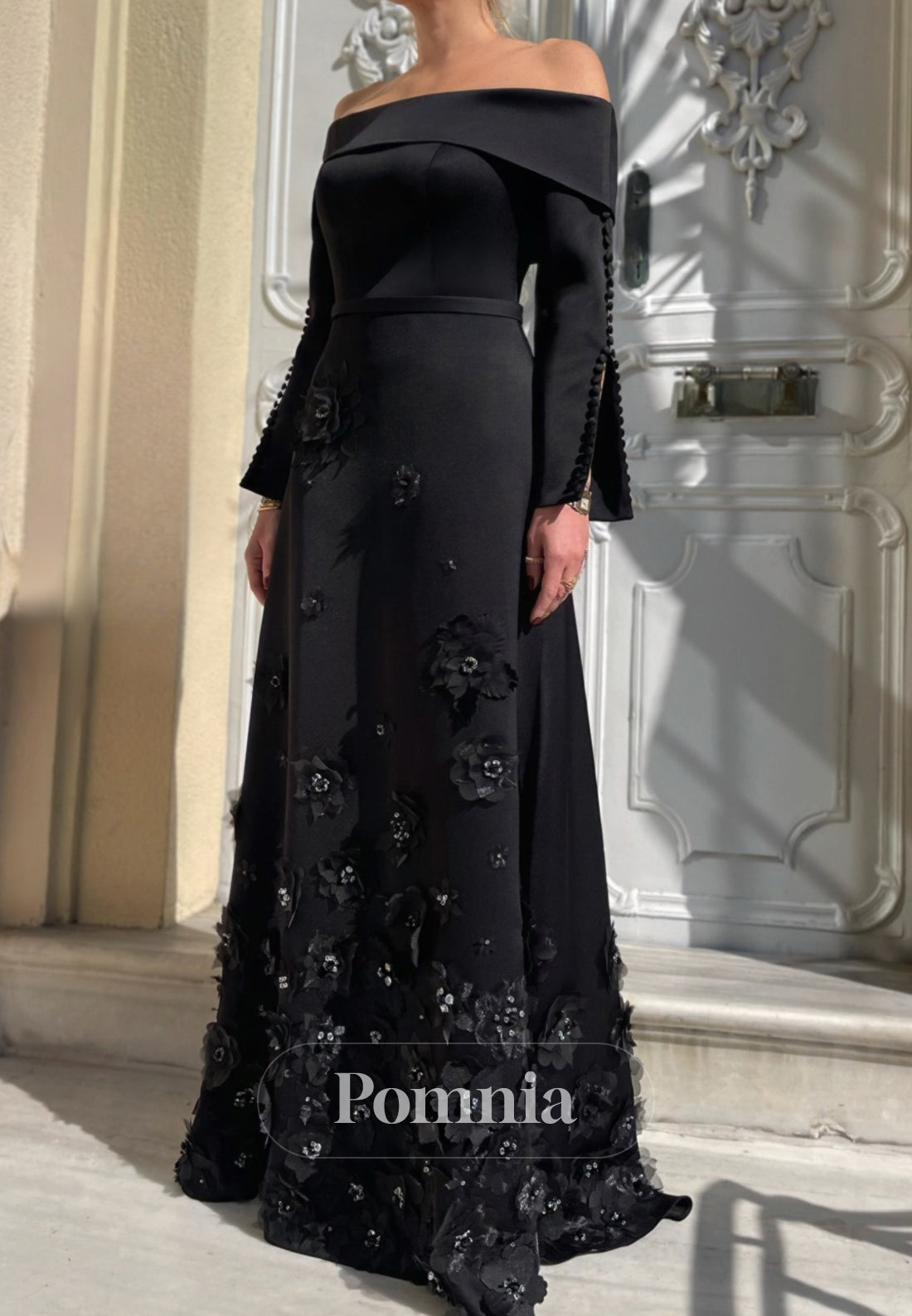 Black Long Sleeves Off-Shoulder Sequins Evening Dress
