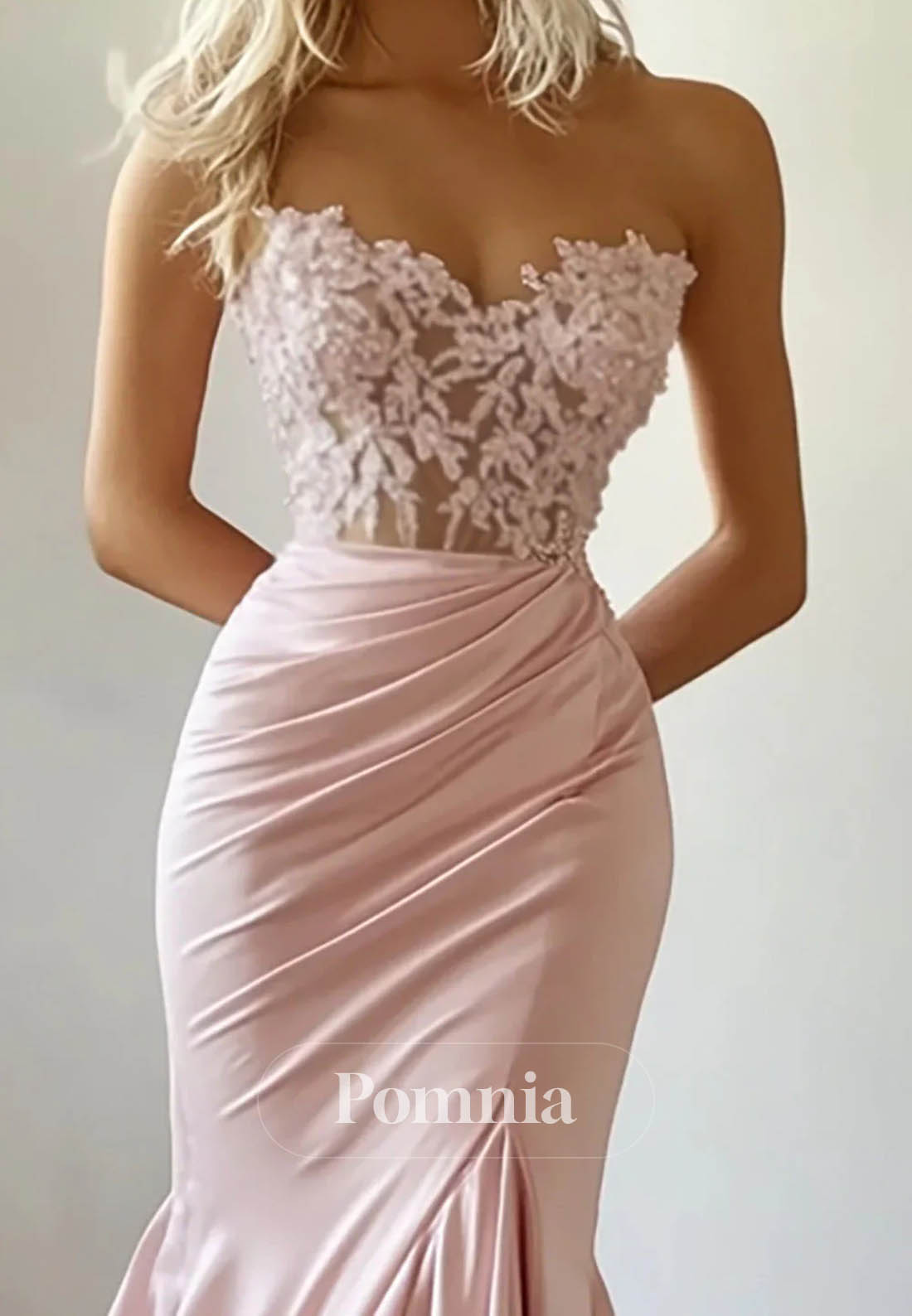 Blushing Pink Lace Appliqué Strapless Mermaid Prom Dress