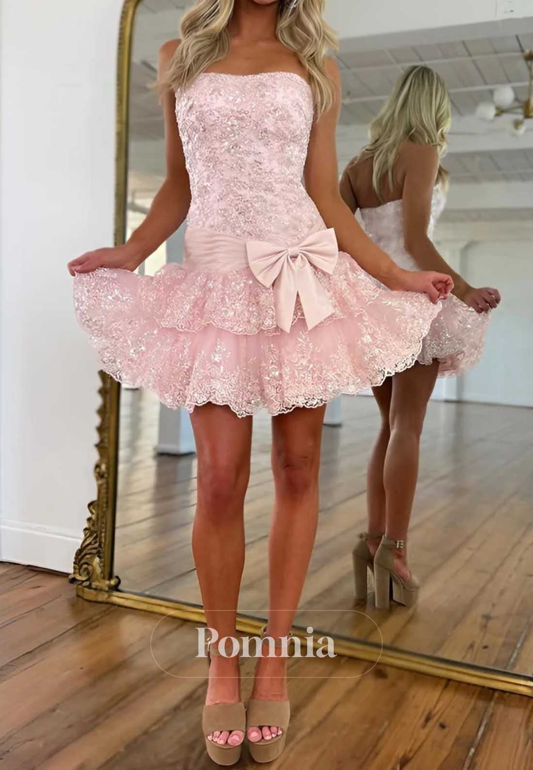 Blushing Pink A-Line Strapless Sleeveless Lace Homecoming Dress