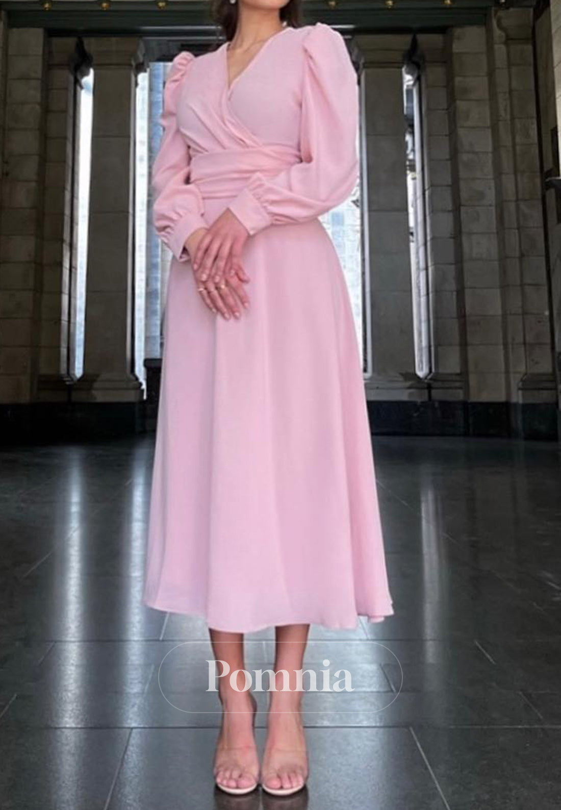 Blushing Pink Long Sleeves V-Neck Semi Formal Dress